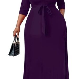 Elegant Deep Purple Maxi Dress with Waist Tie